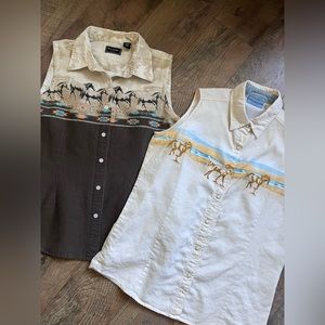 Wrangler Sleeveless Button Down Shirts - Brown and Cream